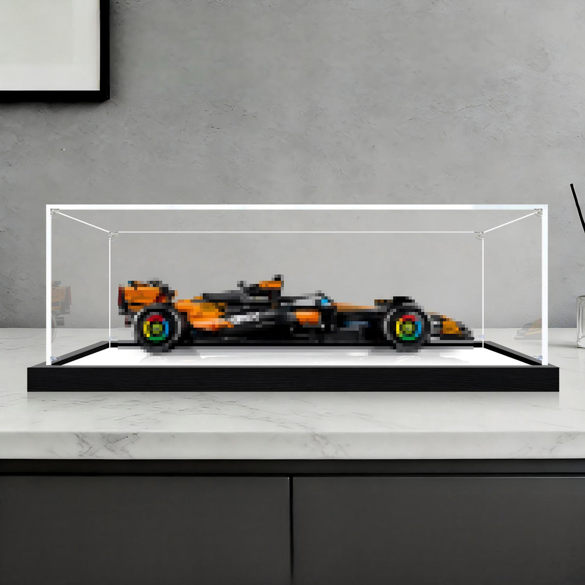 LEGO 42228 McLaren MCL39 F1 Car Mirror Acrylic Display Case with Ring Light & UV-Printed Background - Dustproof Showcase