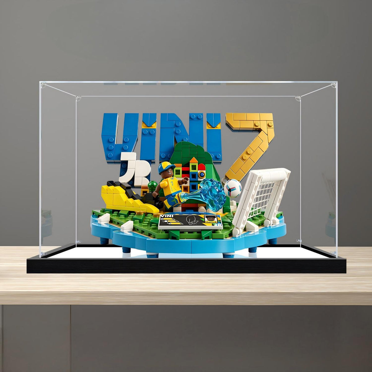 LEGO 43027 Vini Jr. - Soccer Highlights Mirror Acrylic Display Case with Ring Light & UV-Printed Background - Dustproof Showcase