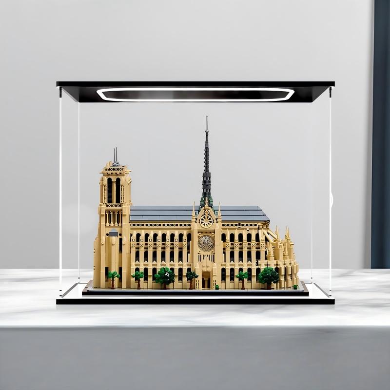 LEGO 21061 Notre-Dame de Paris Caixa de Exibição de Acrílico com Espelho com Luz de Anel e Fundo Impresso em UV - Vitrine à Prova de Poeira