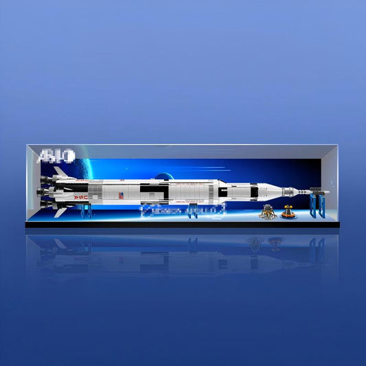 Acrylic Display Case for LEGO 21309 NASA Apollo Saturn V, LEGO 92176 Rocket Model，with Themed Printed Background & Dustproof Box