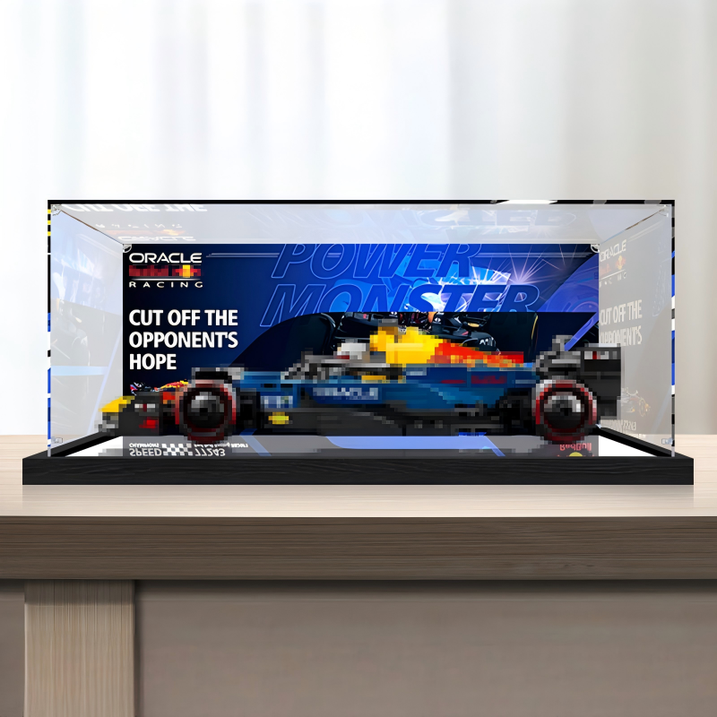 Premium Acrylic Display Case for LEGO Speed Champions Sets 77242 77243 77244 77245 77246 – 3mm Dust-Proof Showcase with Custom UV-Printed Background & Brushed Black Base - Scoparius case