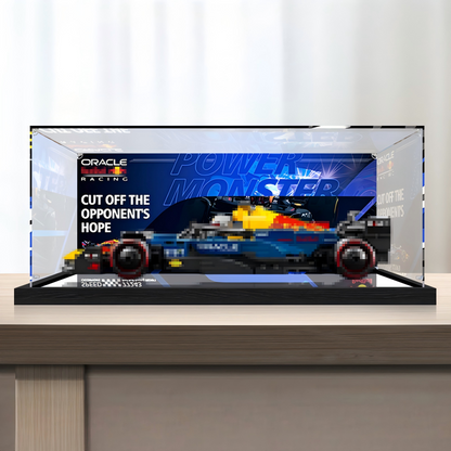 Premium Acrylic Display Case for LEGO Speed Champions Sets 77242 77243 77244 77245 77246 – 3mm Dust-Proof Showcase with Custom UV-Printed Background & Brushed Black Base