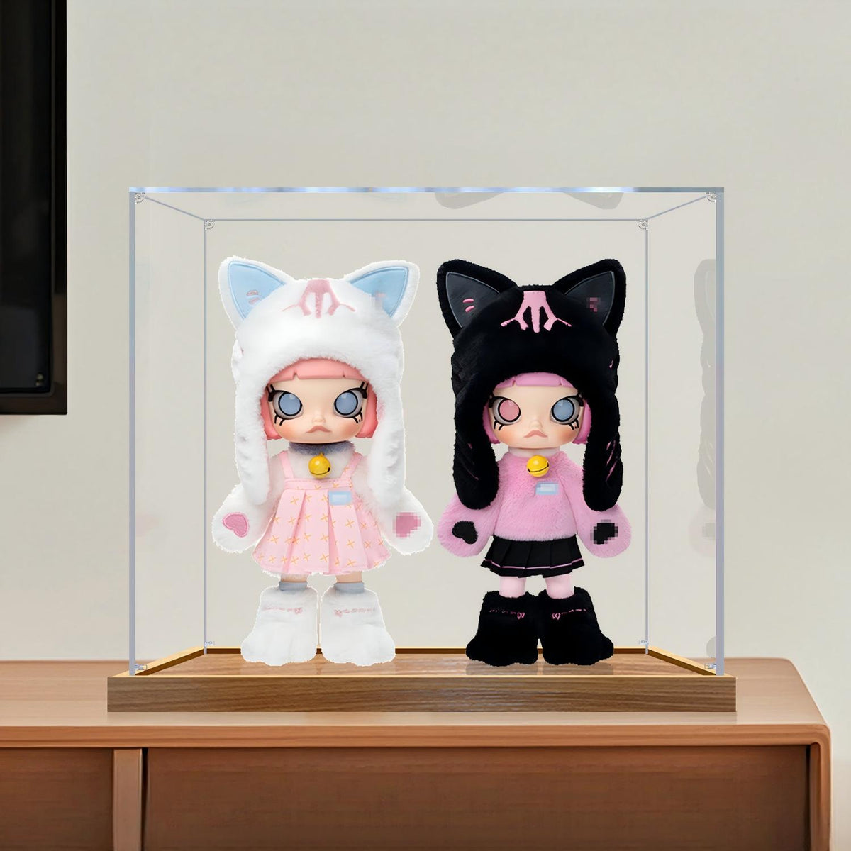 Pop Mart MOLLY Mirror Acrylic Display Case with Ring Light & UV-Printed Background - Dustproof Showcase