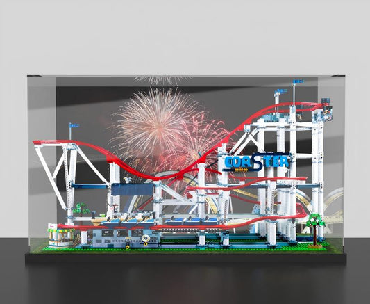 Acrylic Display Case for LEGO 10261 Roller Coaster, with Themed Printed Background & Dustproof Box