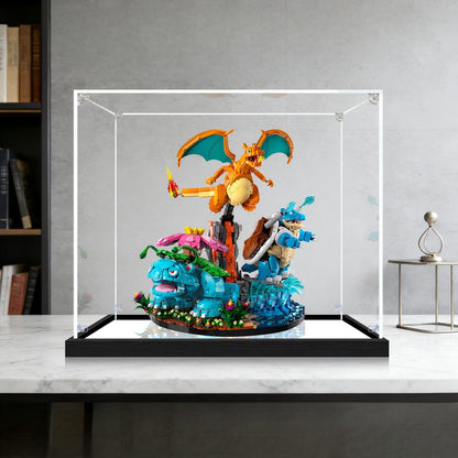 LEGO 72153 Venusaur, Charizard and Blastoise Mirror Acrylic Display Case with Ring Light & UV-Printed Background - Dustproof Showcase
