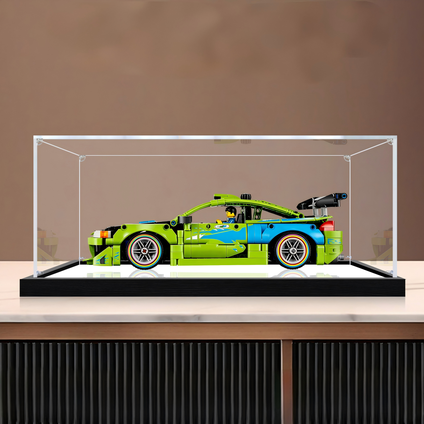Acrylic Display Case for LEGO 42229 Technic Fast and Furious Mitsubishi Eclipse Car Model, with Themed Printed Background & Dustproof Box
