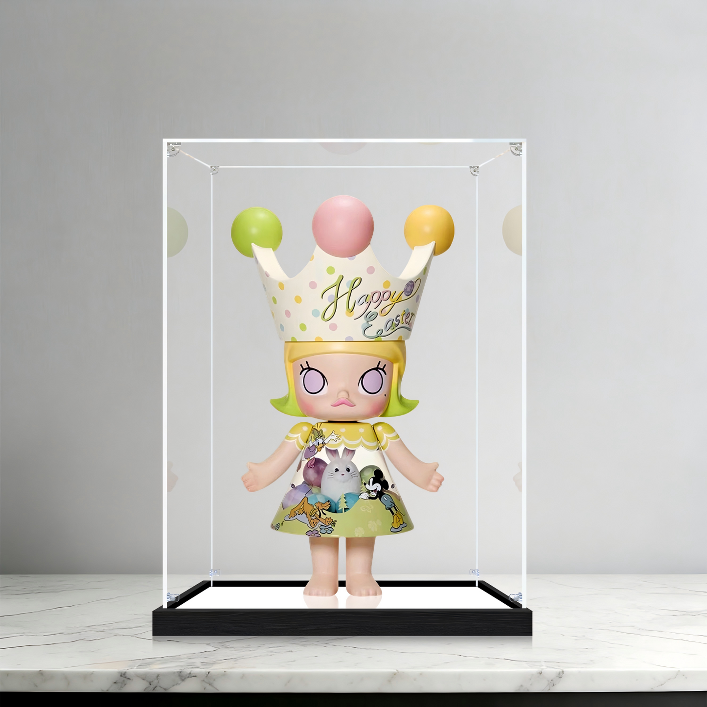 Suitable for Pop Mart Molly Easter Series Display Case – Showcase with UV-Printed Background & Mirror Base