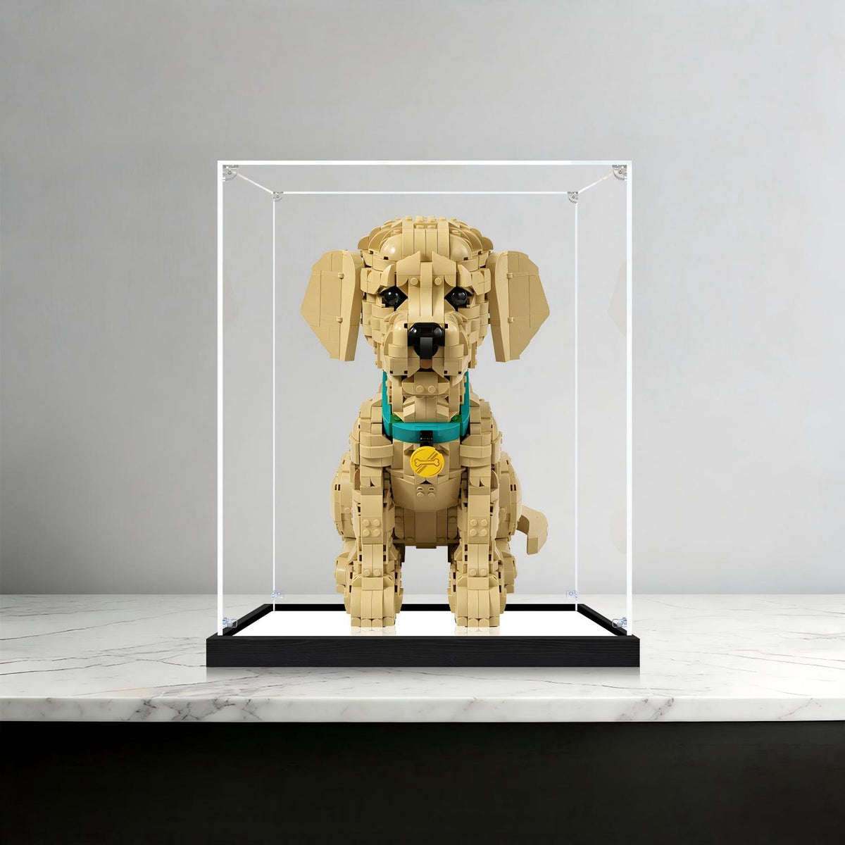 LEGO 11384 Vitrine de Exposição em Acrílico com Espelho para Filhote de Golden Retriever com Anel de Luz e Fundo Impresso em UV - Vitrine à Prova de Poeira