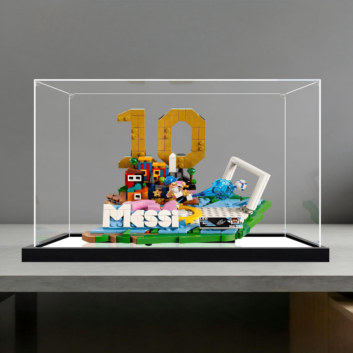 LEGO 43011 Lionel Messi - Soccer Highlights Mirror Acrylic Display Case with Ring Light & UV-Printed Background - Dustproof Showcase