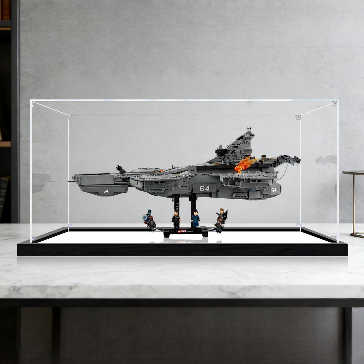 LEGO 76354 S.H.I.E.L.D. Helicarrier حافظة عرض أكريليك مرآة مع ضوء حلقي وخلفية مطبوعة بالأشعة فوق البنفسجية - واجهة عرض مقاومة للغبار