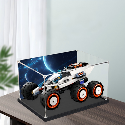 Acrylic Display Case for LEGO 60431 Space Explorer Rover and Alien Life, with Themed Printed Background & Dustproof Box