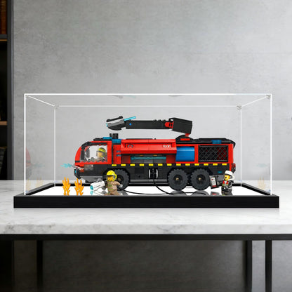 LEGO 60499 Flughafen-Feuerwehrauto Spiegel-Acryl-Vitrine mit Ringlicht & UV-bedrucktem Hintergrund - Staubdichte Vitrine