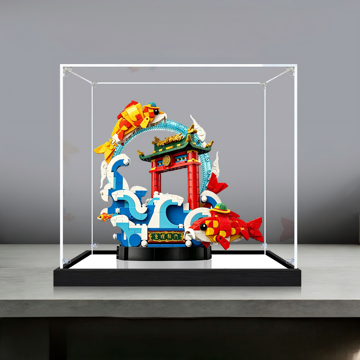 Acrylic Display Case for LEGO 80120 Prosperity Carp Leaping Model, with Themed Printed Background & Dustproof Box - Scoparius case