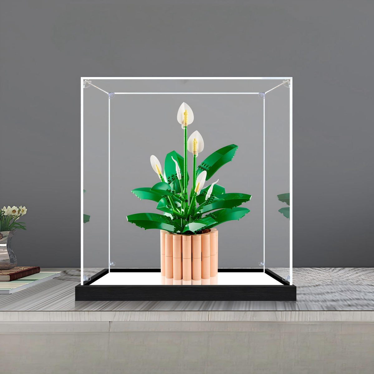 LEGO 11504 Peace Lily Vitrine de Exibição em Acrílico com Espelho, Anel de Luz e Fundo Impresso em UV - Vitrine à Prova de Poeira