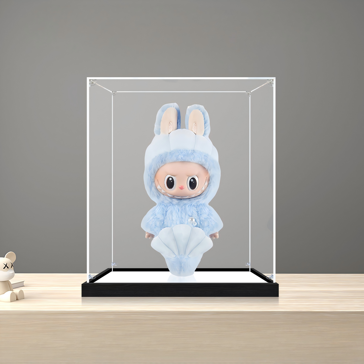 Suitable for Pop Mart Labubu Hide and Seek Display Case – Showcase with UV-Printed Background & Mirror Base