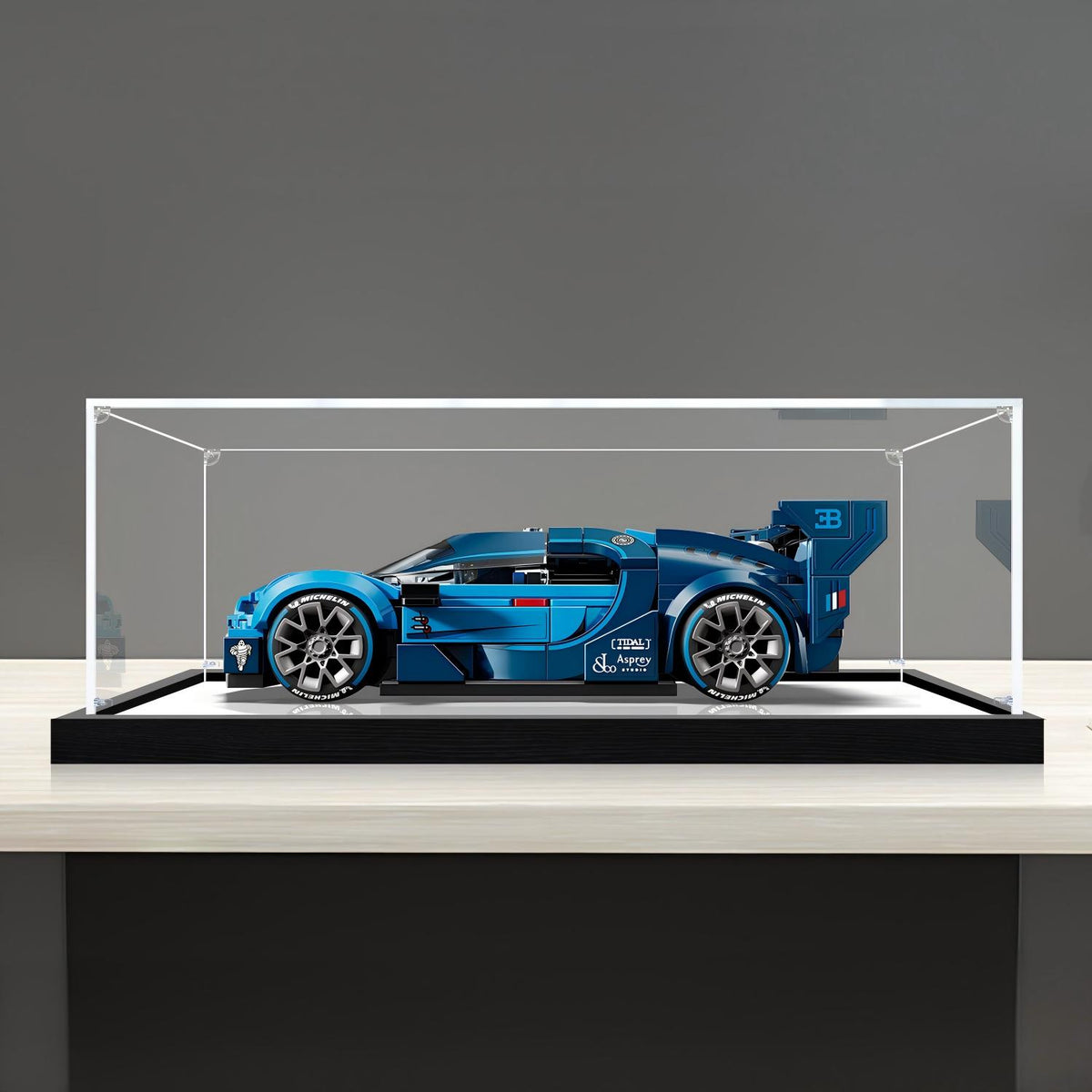 LEGO 77253 Bugatti Vision Gran Turismo Vitrine d'affichage en acrylique avec miroir, anneau lumineux et fond imprimé UV - Présentoir anti-poussière
