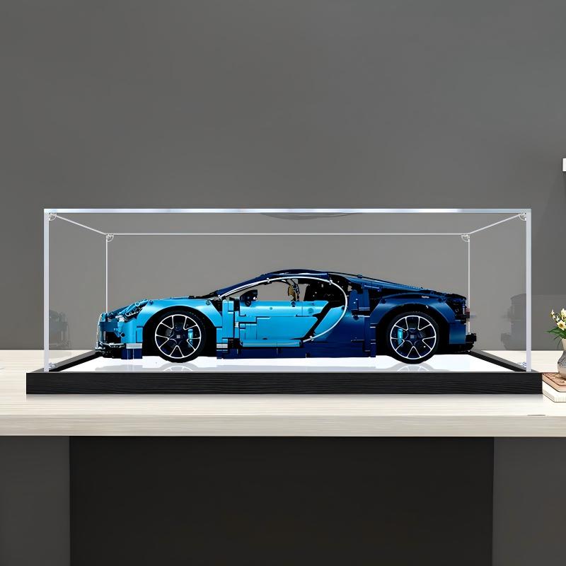 LEGO 42083 Bugatti Chiron Vitrine aus Acryl mit Ringlicht & UV-bedrucktem Hintergrund – Staubschutz-Schaukasten