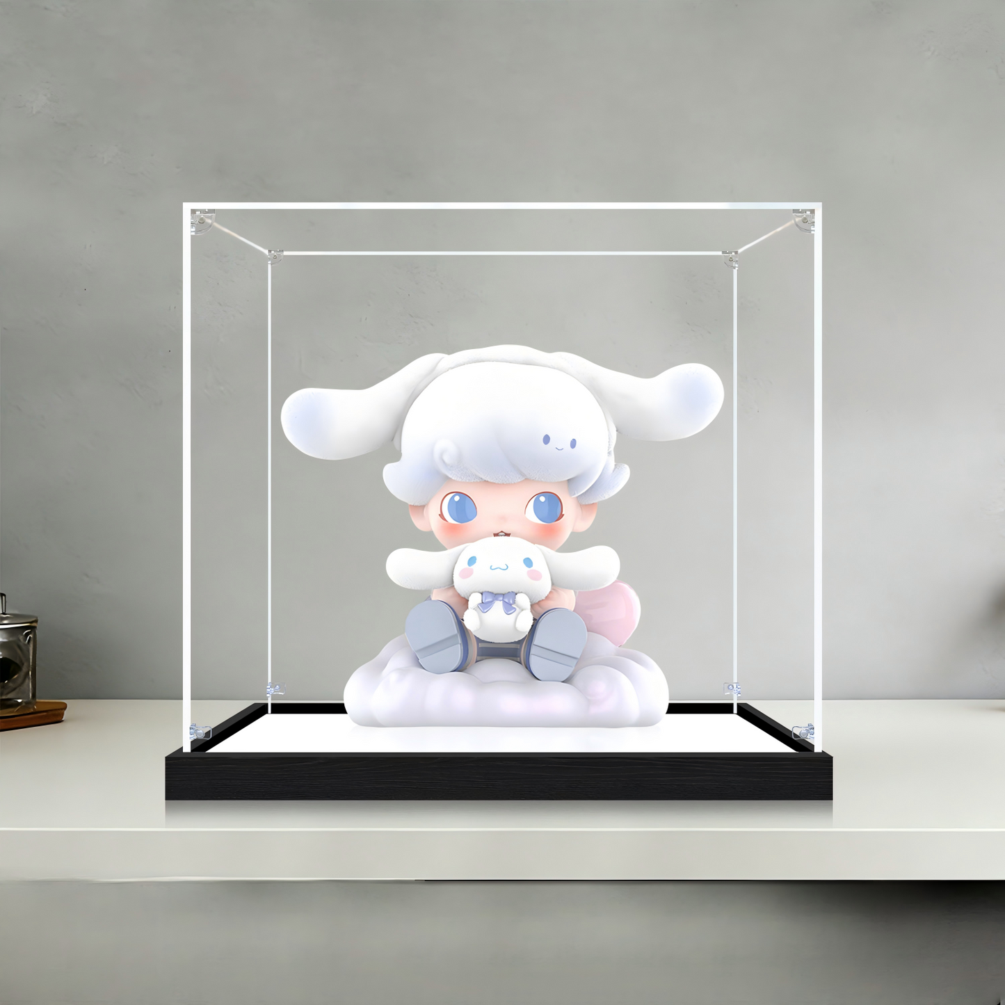 Suitable for Pop Mart Cute Puppy Display Case – Showcase with UV-Printed Background & Mirror Base