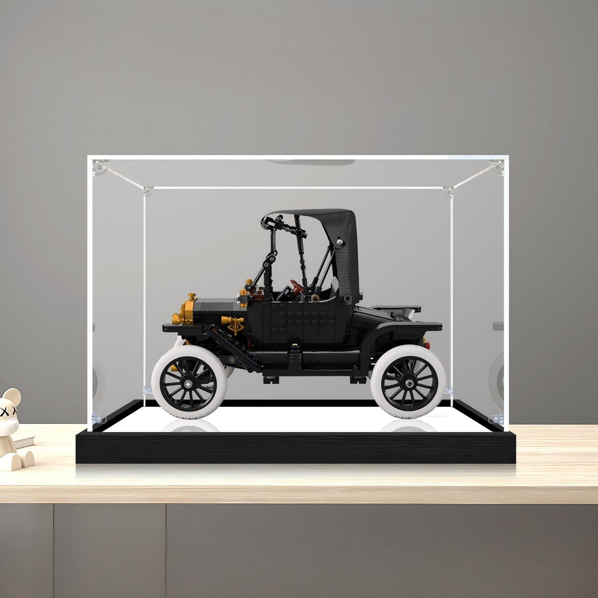LEGO 11376 Ford Model T Mirror Acrylic Display Case with Ring Light & UV-Printed Background - Dustproof Showcase