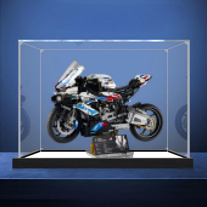 LEGO 42130 BMW M 1000 RR ミラーアクリルディスプレイケース リングライト＆UVプリント背景付き - 防塵ショーケース