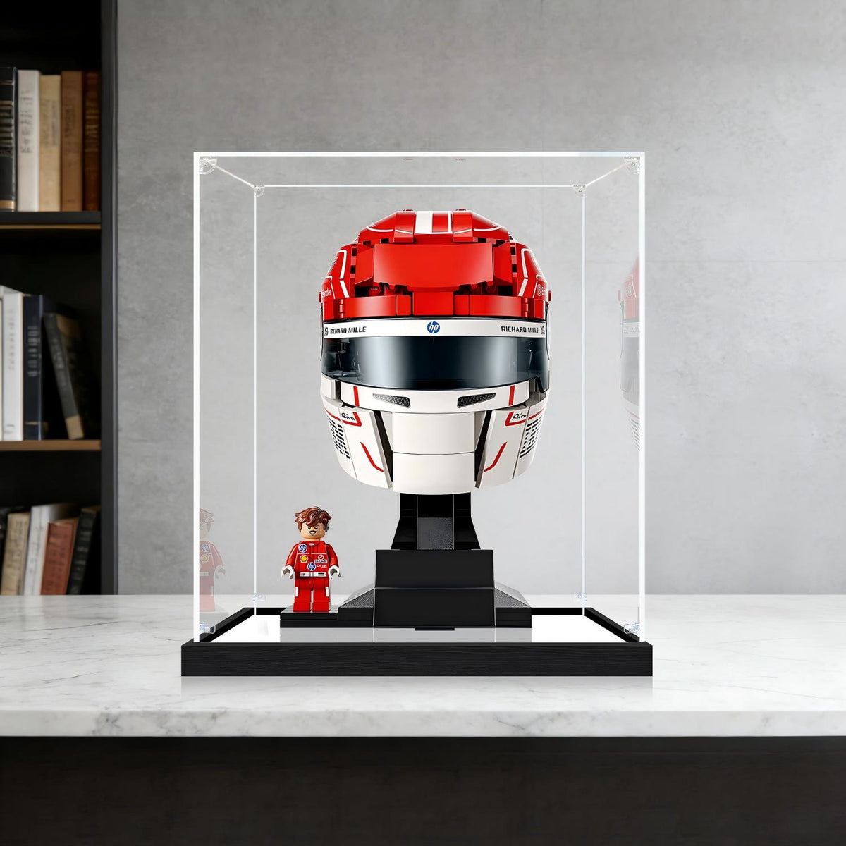 LEGO 43014 Scuderia Ferrari HP Charles Leclerc Helmet Mirror Acrylic Display Case with Ring Light & UV-Printed Background - Dustproof Showcase