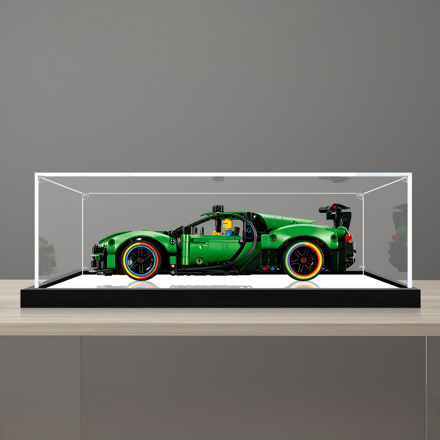 Acrylic Display Case for LEGO 42241 Technic Green Bugatti Chiron Pur Sport Hypercar Model, with Themed Printed Background & Dustproof Box