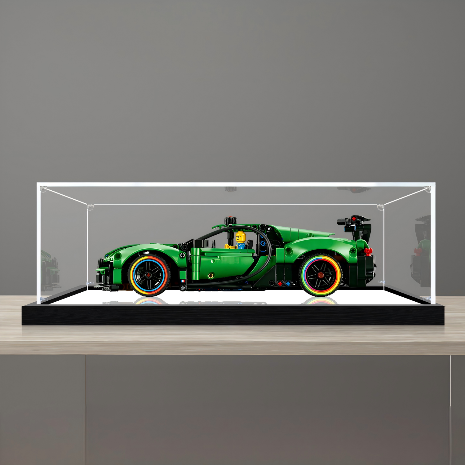 Acrylic Display Case for LEGO 42241 Technic Green Bugatti Chiron Pur Sport Hypercar Model, with Themed Printed Background & Dustproof Box - Scoparius case