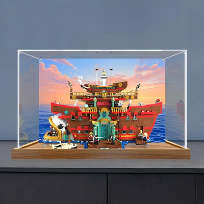 LEGO 75640 海上餐厅巴拉蒂 镜面亚克力展示盒 带环形灯和UV印刷背景 - 防尘展示柜
