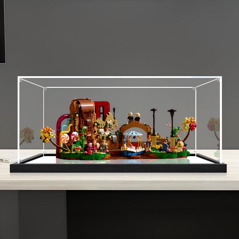 LEGO 21360 Willy Wonka & die Schokoladenfabrik Spiegel-Acryl-Vitrine mit Ringlicht & UV-bedrucktem Hintergrund - Staubdichte Präsentationsvitrine