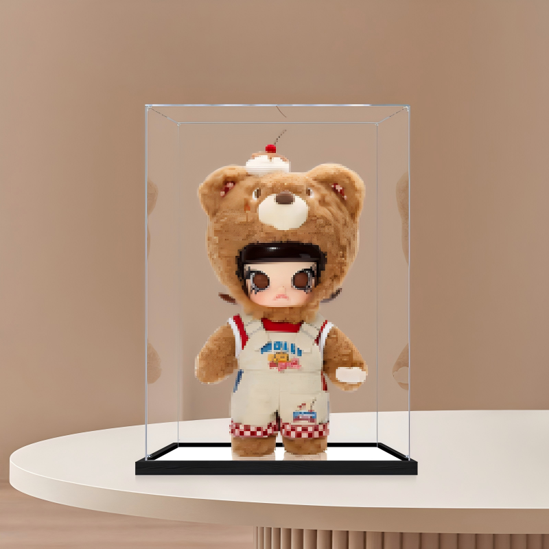 Suitable for Pop Mart Molly Bear Bread Display Case – 15x15x25cm Showcase with UV-Printed Background & Mirror Base