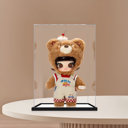 Suitable for Pop Mart Molly Bear Bread Display Case – 15x15x25cm Showcase with UV-Printed Background & Mirror Base