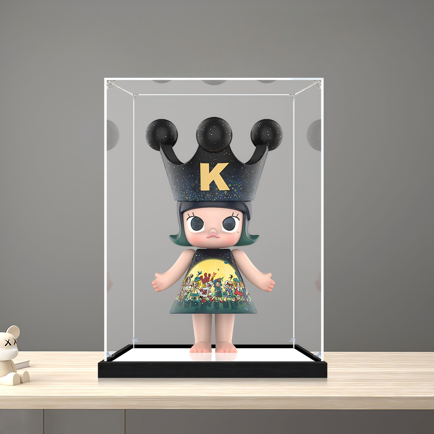 Suitable for Pop Mart MOLLY Moonlight Witness Display Case – Showcase with UV-Printed Background & Mirror Base