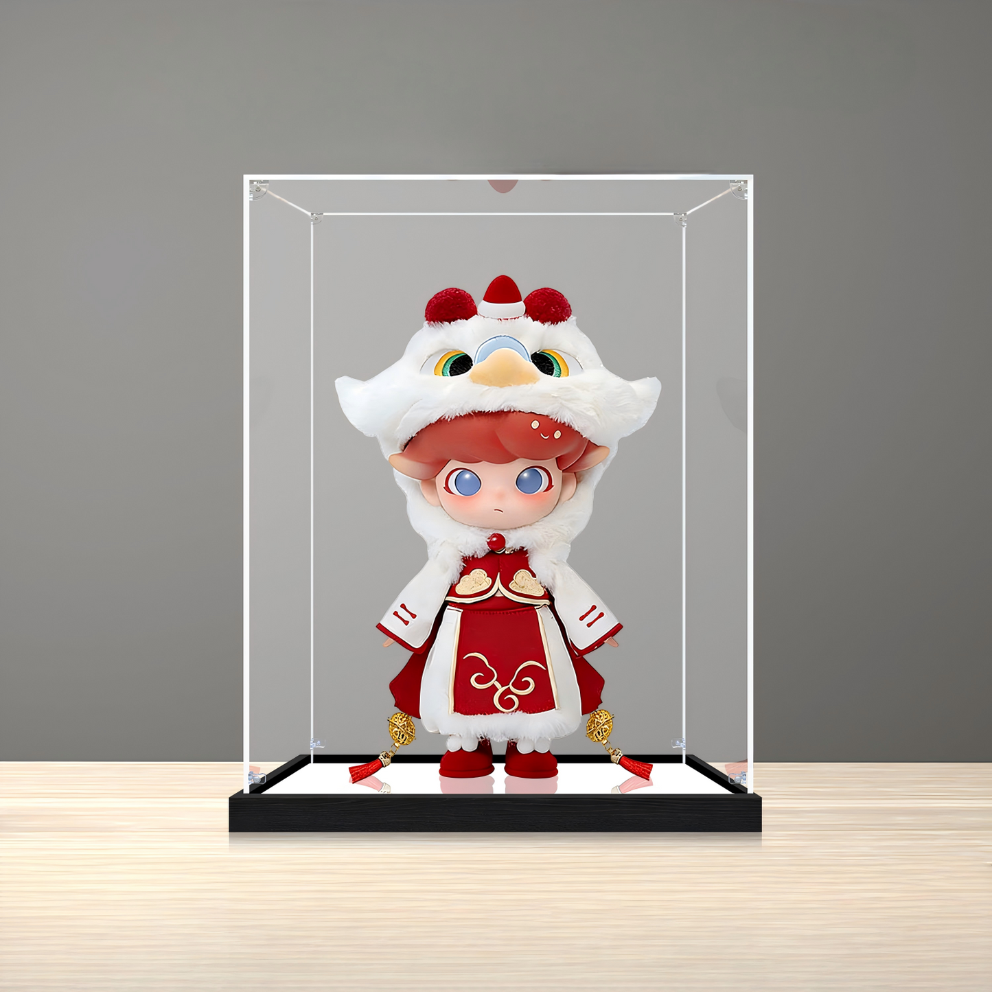 Suitable for Pop Mart Dimoo Lion Dance Display Case – Showcase with UV-Printed Background & Mirror Base