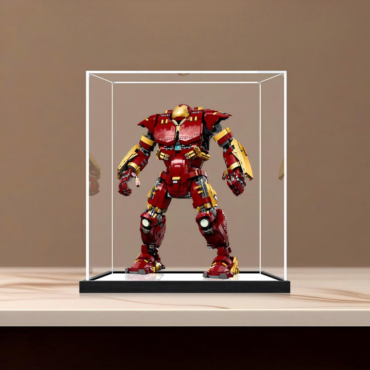 LEGO 76210 反浩克装甲镜面亚克力展示盒，带环形灯和UV印刷背景 - 防尘展示柜