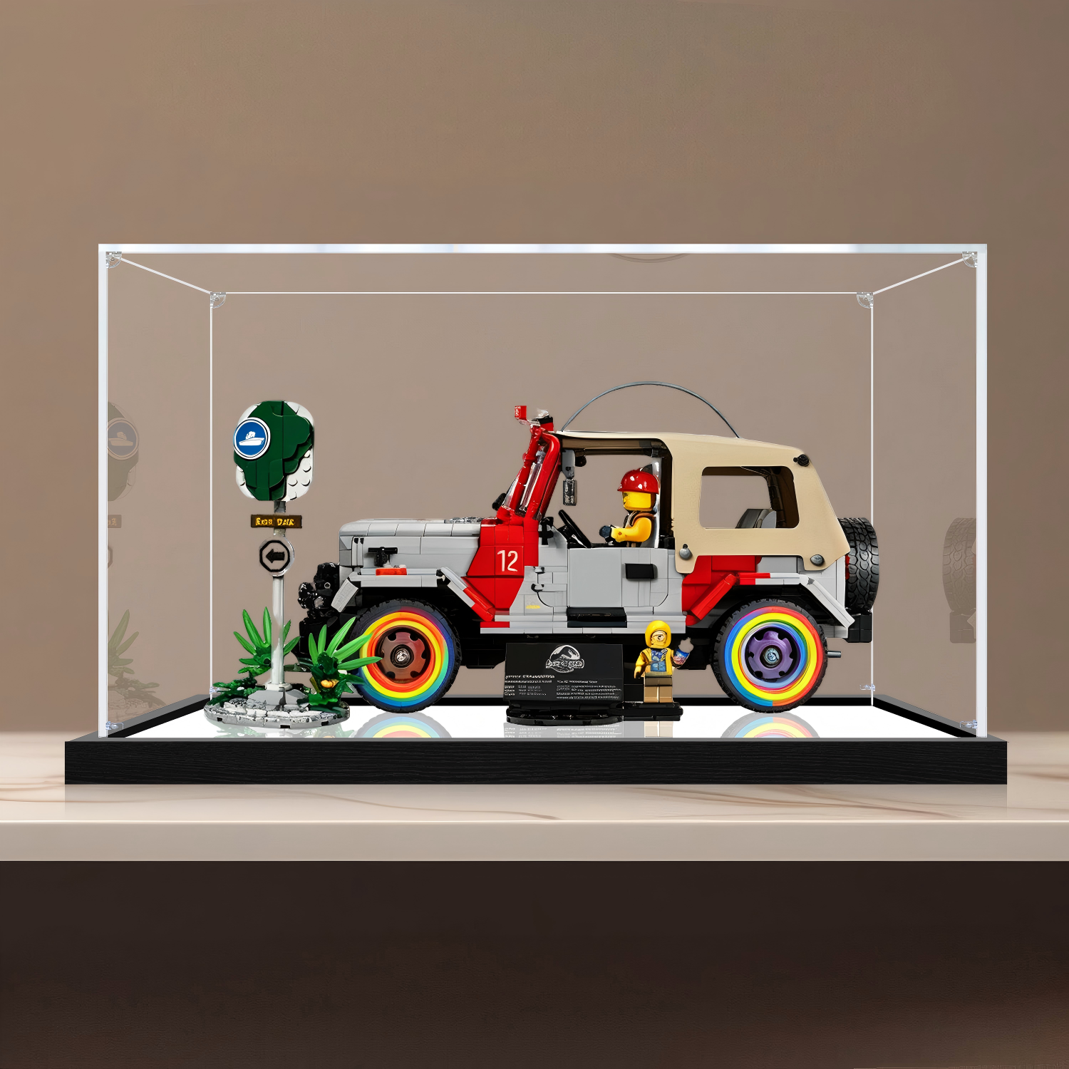 Acrylic Display Case for LEGO 77984 Jurassic Park Jeep Wrangler Model, with Themed Printed Background & Dustproof Box - Scoparius case