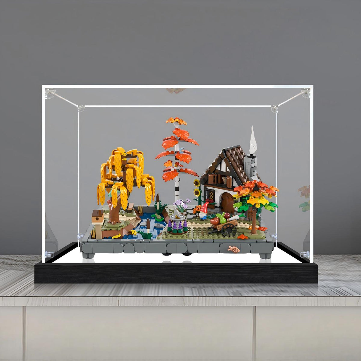 LEGO 11372 Autumn Cottage Garden Mirror Acrylic Display Case with Ring Light & UV-Printed Background - Dustproof Showcase