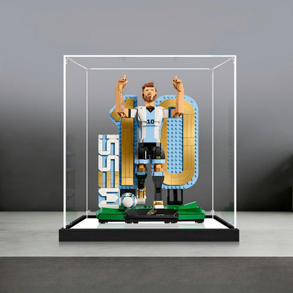 LEGO 43015 Lionel Messi - Soccer Legend Mirror Acrylic Display Case with Ring Light & UV-Printed Background - Dustproof Showcase