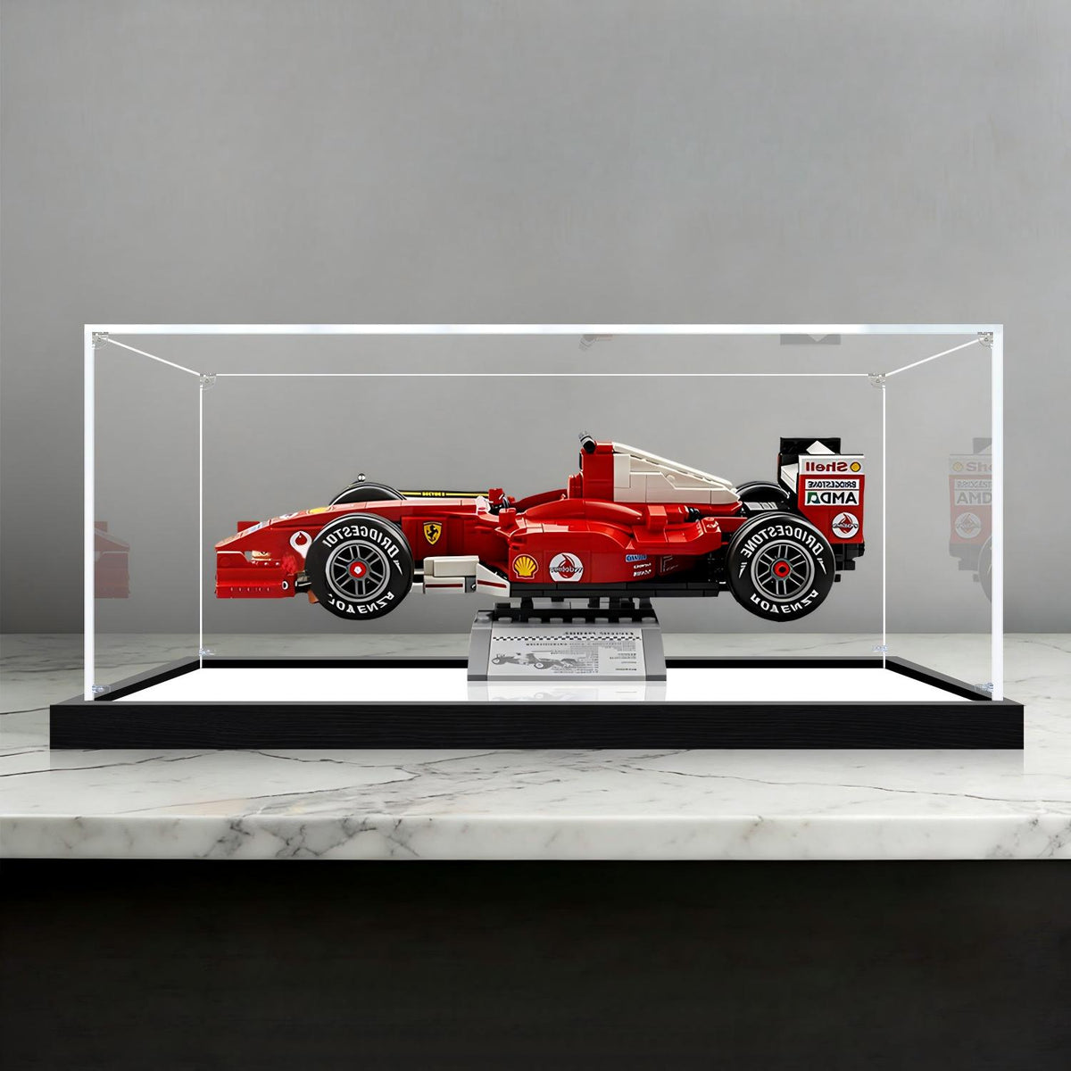 LEGO 11375 Ferrari F2004 & Michael Schumacher Spiegel-Acryl-Vitrine mit Ringlicht & UV-bedrucktem Hintergrund - Staubdichte Vitrine