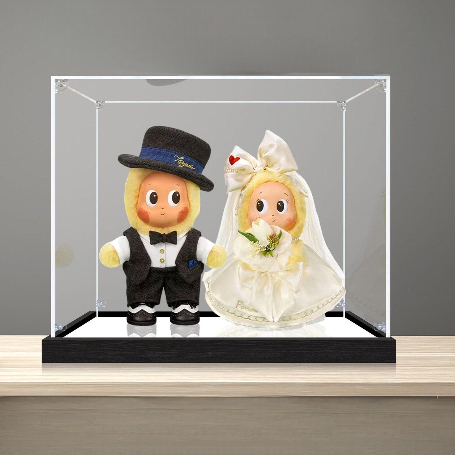 Pop Mart Wedding Series Mirror Acrylic Display Case with Ring Light & UV-Printed Background - Dustproof Showcase
