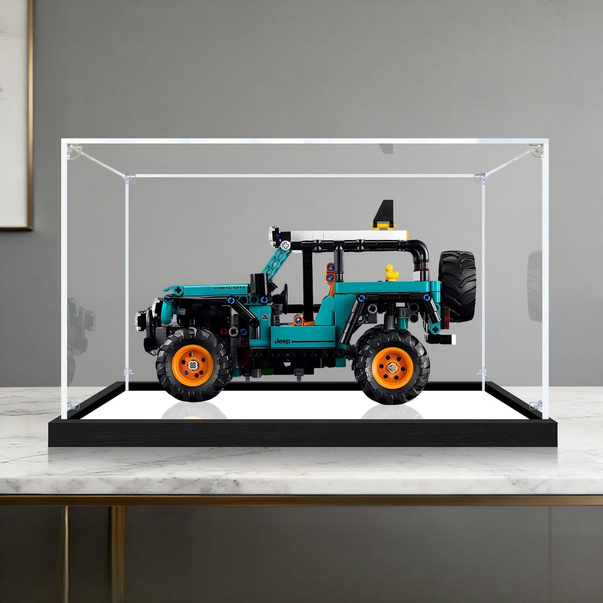 LEGO 42227 Jeep Wrangler Rubicon Mirror Acrylic Display Case with Ring Light & UV-Printed Background - Dustproof Showcase
