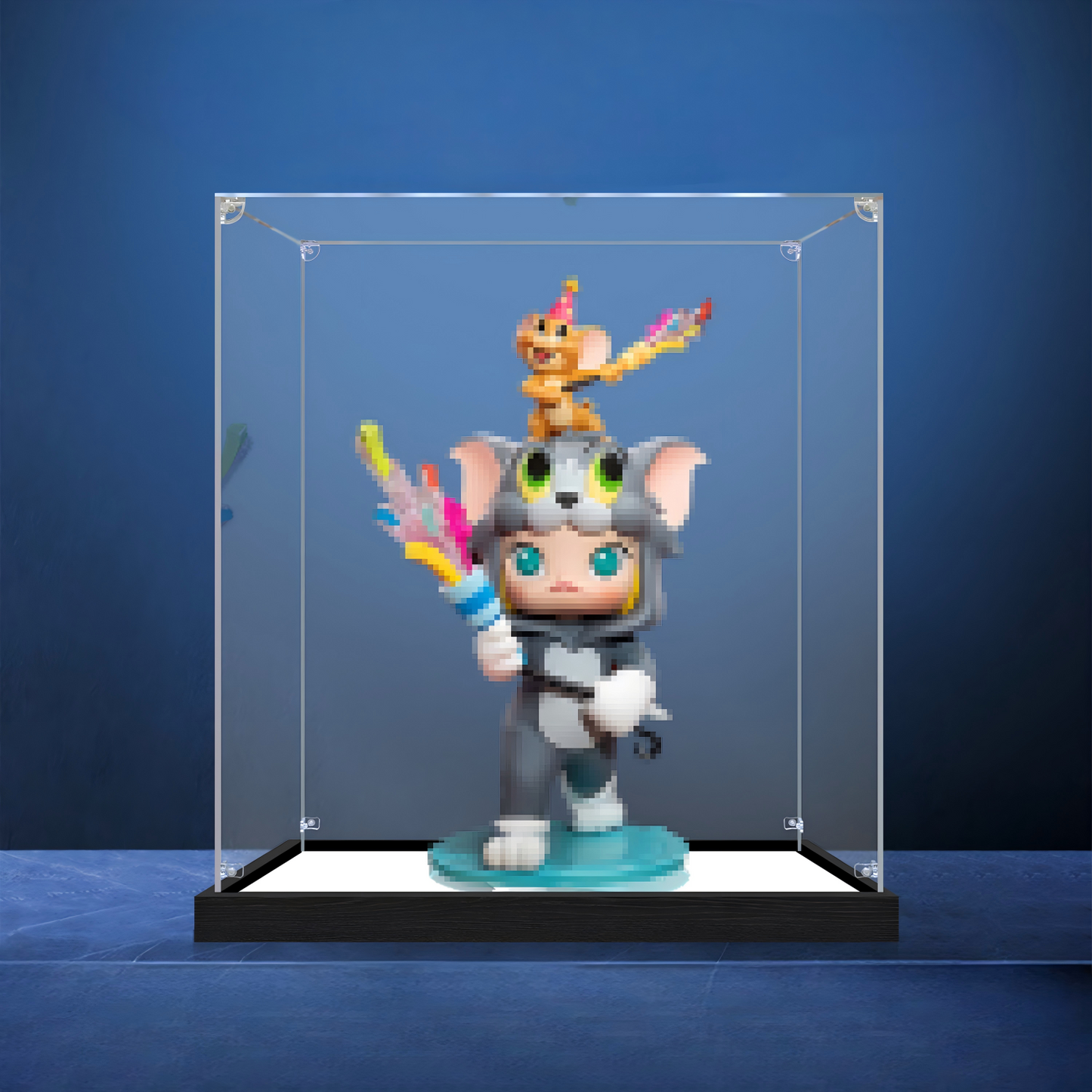 Suitable for Pop Mart Molly Tom and Jerry Display Case – Showcase with UV-Printed Background & Mirror Base