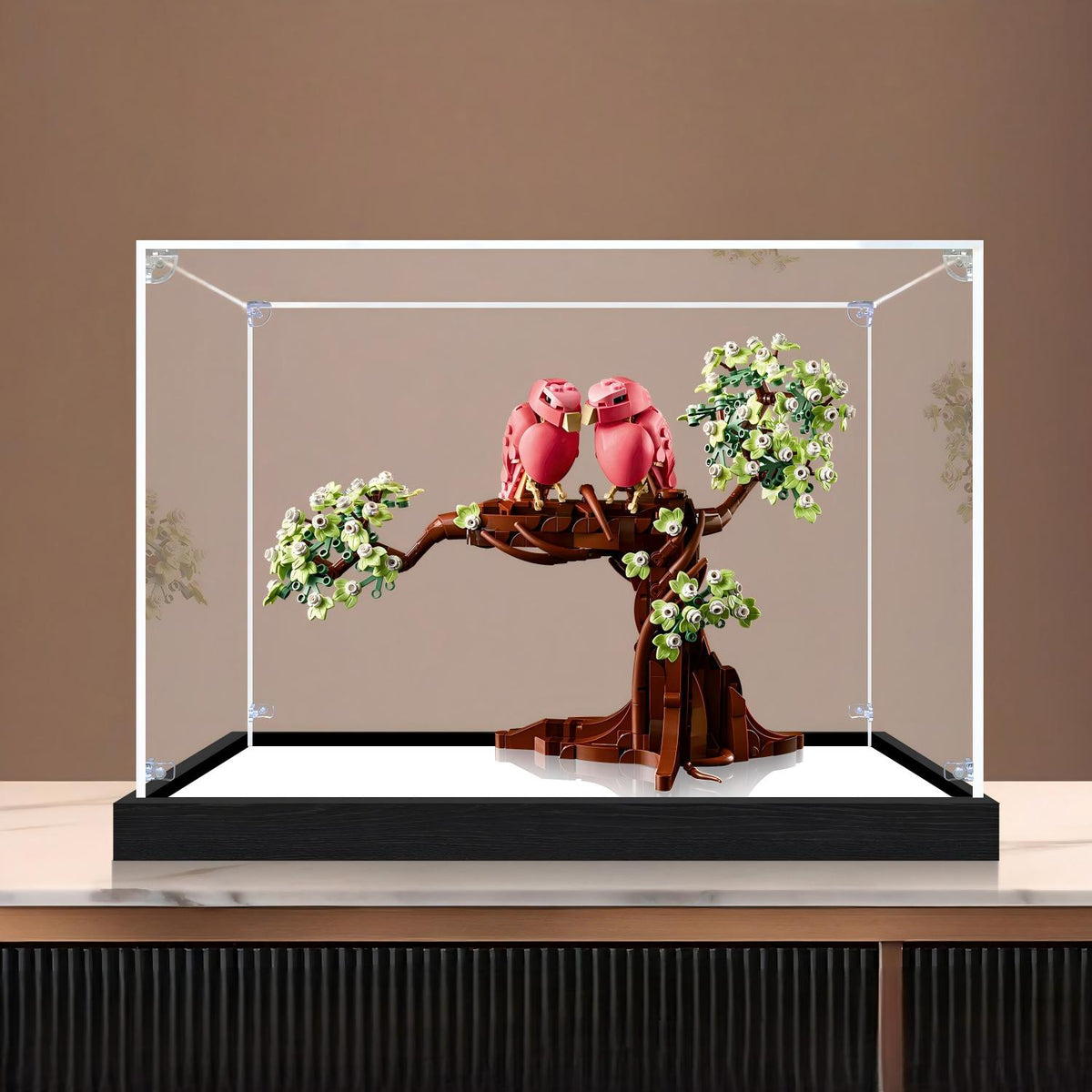 LEGO 21365 Love Birds Spiegel Acryl Vitrine met Ringlicht & UV-Geprinte Achtergrond - Stofdichte Showcase
