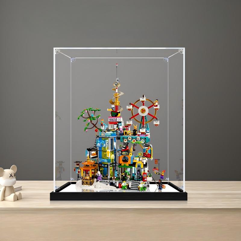 LEGO 80054 مدينة ميغابوليس الذكرى الخامسة علبة عرض أكريليك مرآة مع ضوء حلقي وخلفية مطبوعة بالأشعة فوق البنفسجية - صندوق عرض مقاوم للغبار