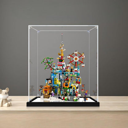 LEGO 80054 مدينة ميغابوليس الذكرى الخامسة علبة عرض أكريليك مرآة مع ضوء حلقي وخلفية مطبوعة بالأشعة فوق البنفسجية - صندوق عرض مقاوم للغبار