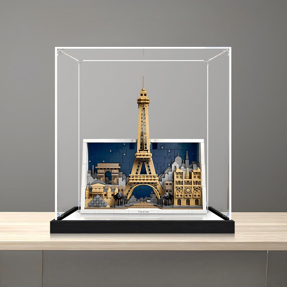 LEGO 21064 Paris - City of Love Mirror Acrylic Display Case with Ring Light & UV-Printed Background - Dustproof Showcase