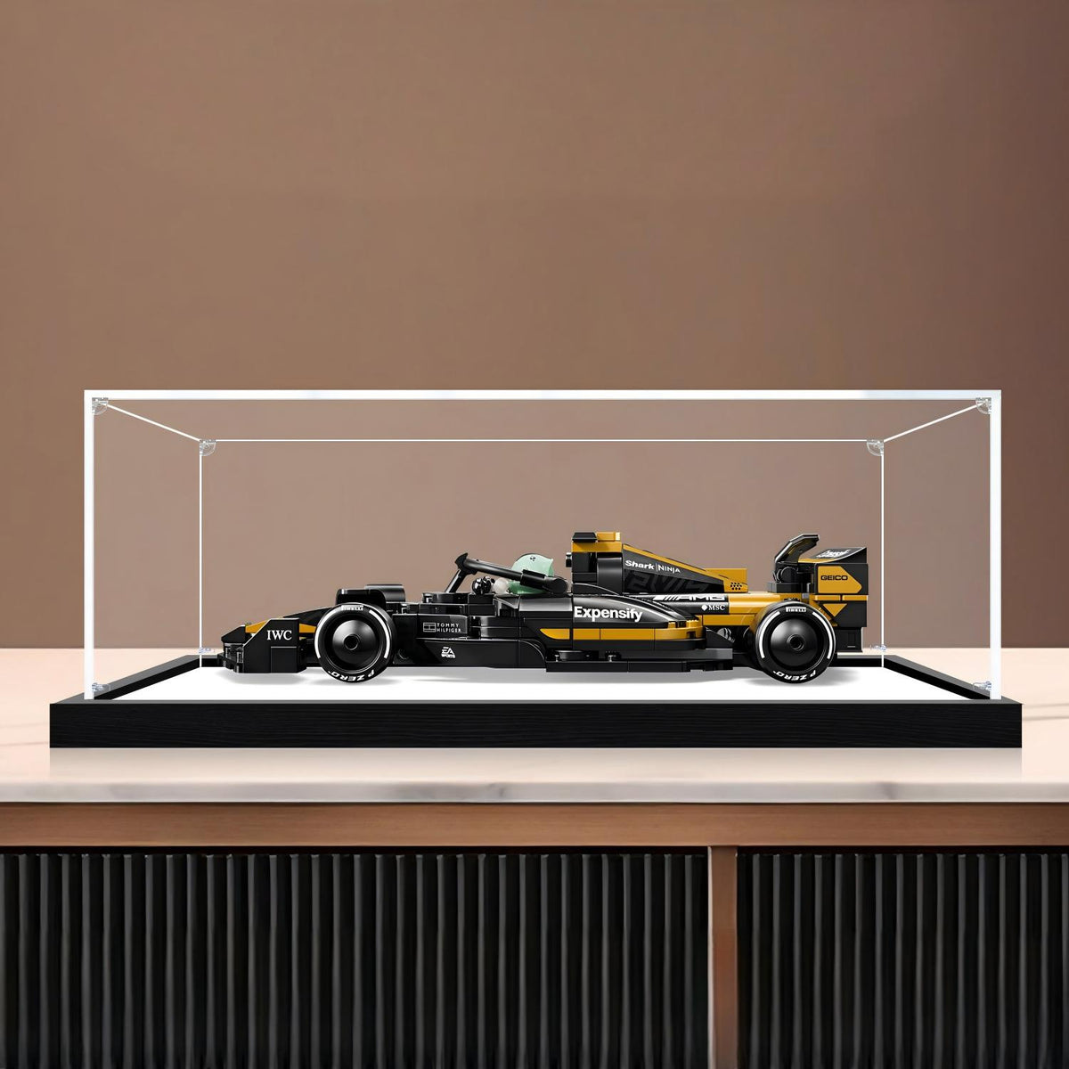 LEGO 77252 APXGP Team Race Car Mirror Acrylic Display Case with Ring Light & UV-Printed Background - Dustproof Showcase