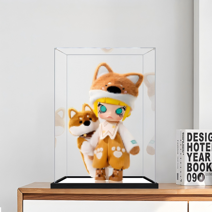 Suitable for Pop Mart Molly Shiba Inu Collection Display Case – 15x15x25cm Showcase with UV-Printed Background & Mirror Base