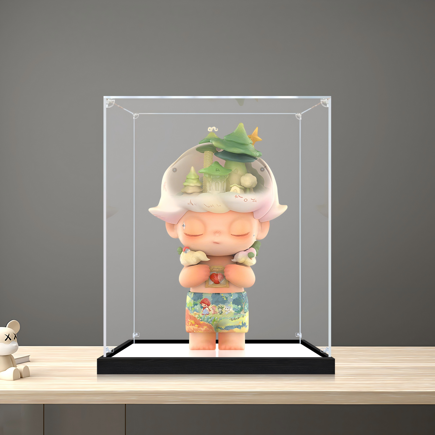 Suitable for Pop Mart Hirono Wild Dream Display Case – Showcase with UV-Printed Background & Mirror Base