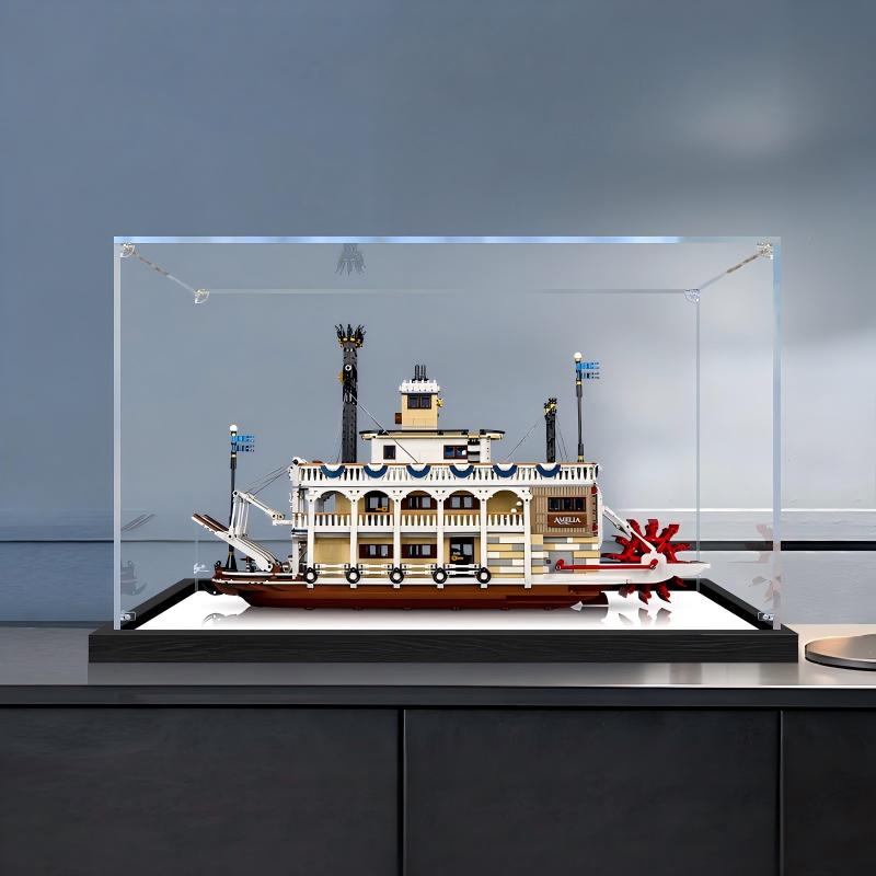 LEGO 21356 River Steamboat Spiegel-Acryl-Vitrine mit Ringlicht & UV-bedrucktem Hintergrund - Staubdichte Vitrine