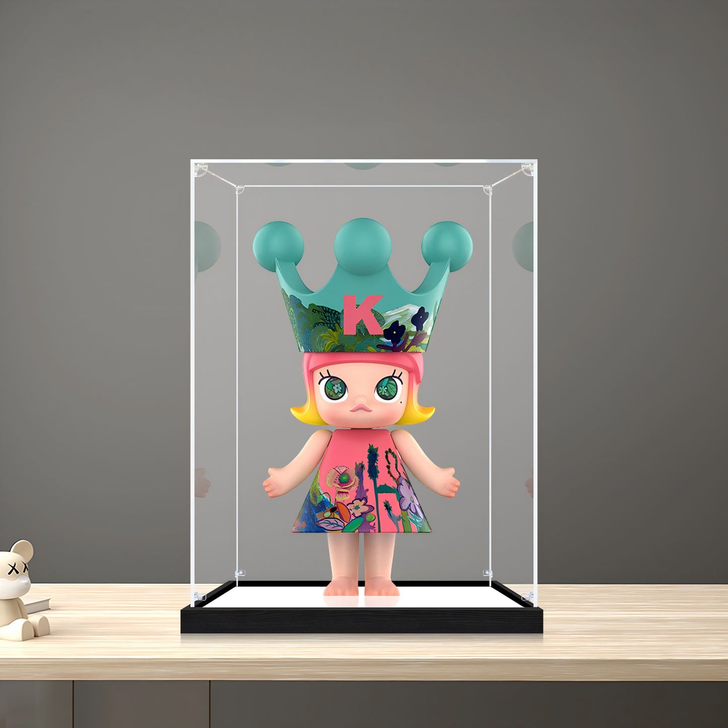 Suitable for Pop Mart Molly Innocence Display Case – Showcase with UV-Printed Background & Mirror Base